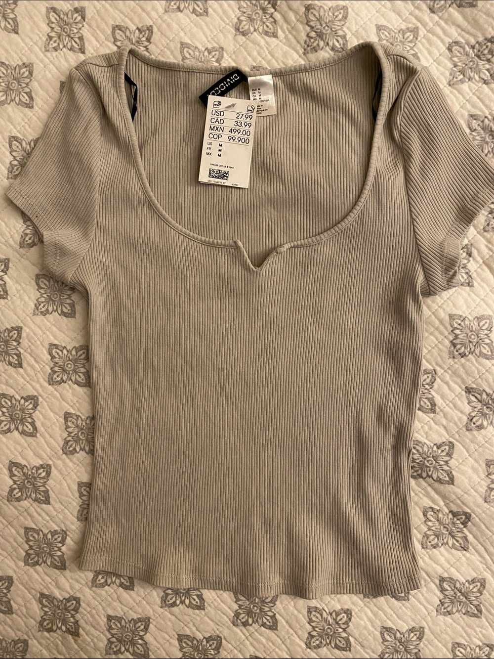 Divided Ribbed Scoop Neck Short Sleeve Top - Light Taupe